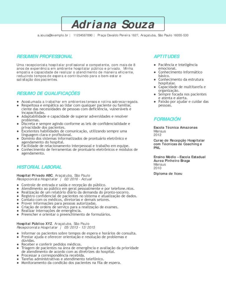 perfil recepcionista CV