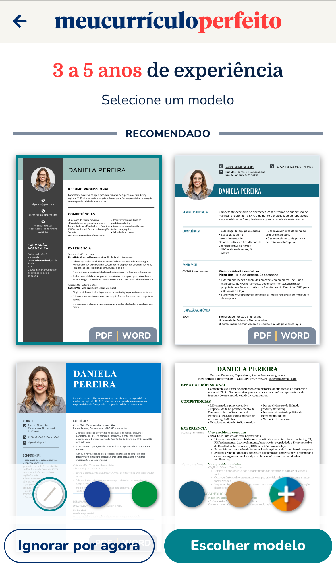 Modelos de currículo para escolher no gerador de currículo pelo celular do Meu Currículo Perfeito