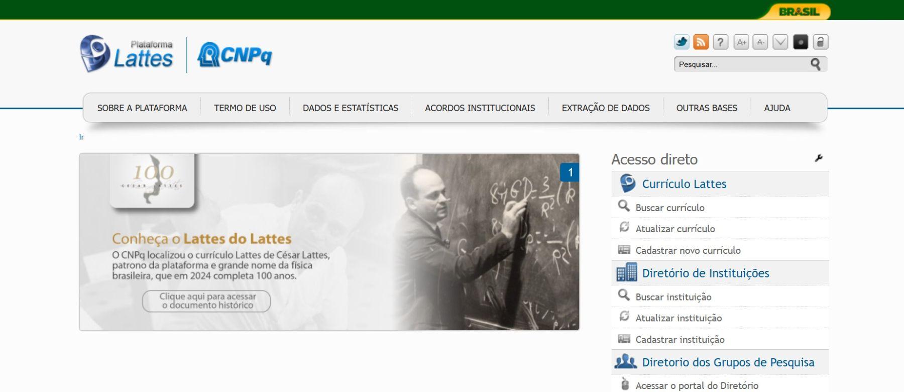 Página inicial de acesso à plataforma para fazer o currículo Lattes.