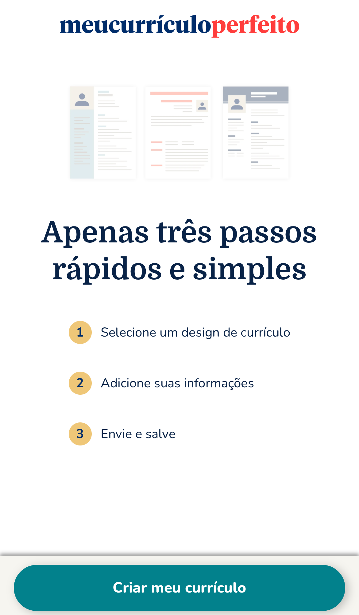 Página inicial do gerador de currículo pelo celular do site Meu Currículo Perfeito