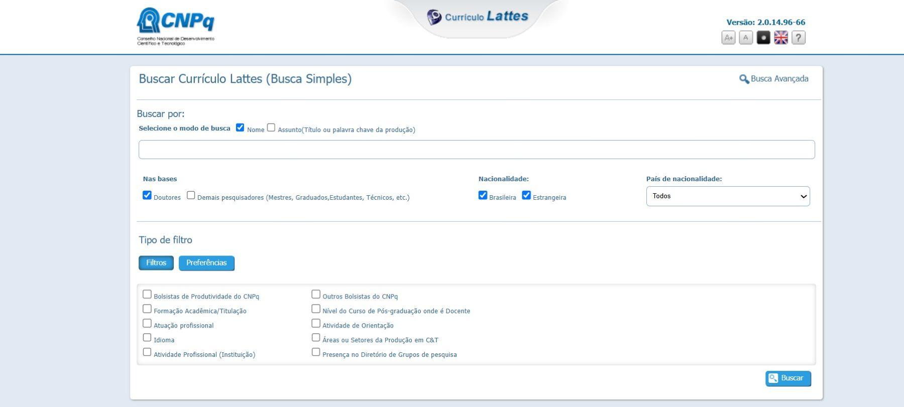 Página para buscar currículo Lattes na Plataforma do CNPq.