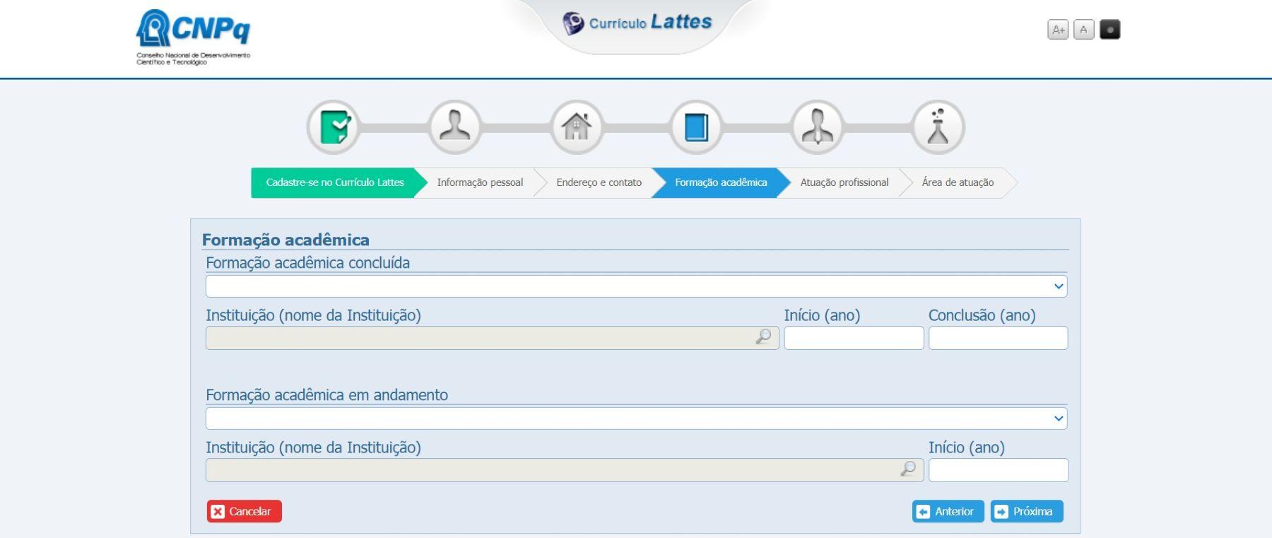 Página para incluir formação acadêmica no currículo Lattes.