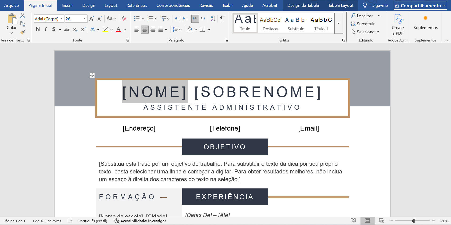 Editar o currículo no Word