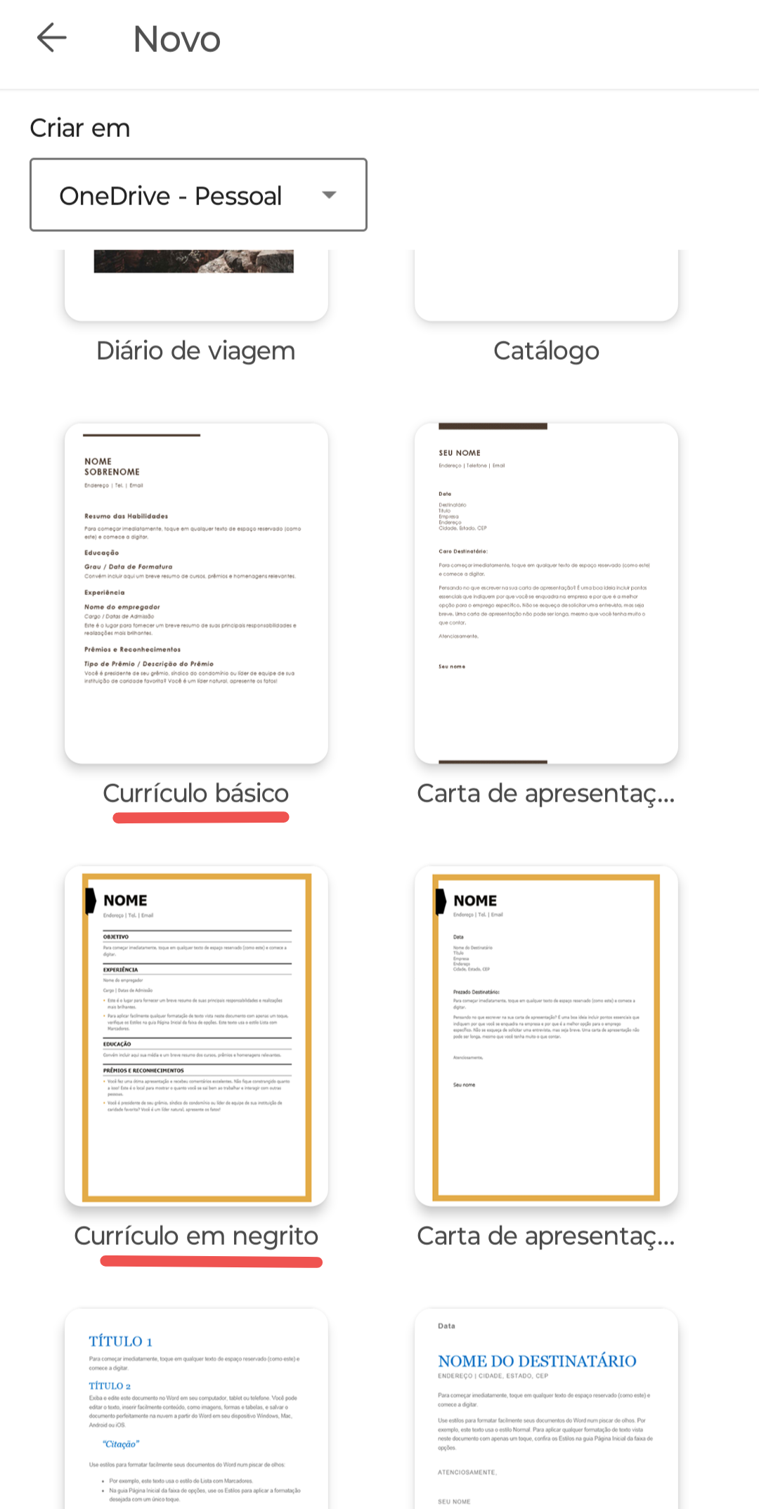 Escolher um modelo de currículo do Word no celular