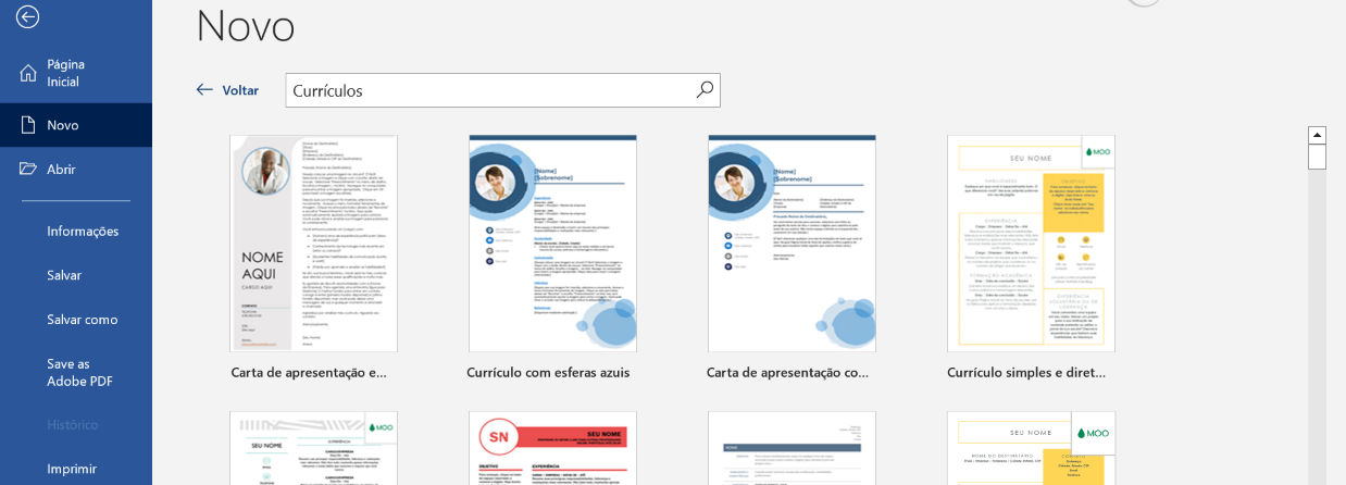 Selecionar modelos para fazer currículo pelo Word