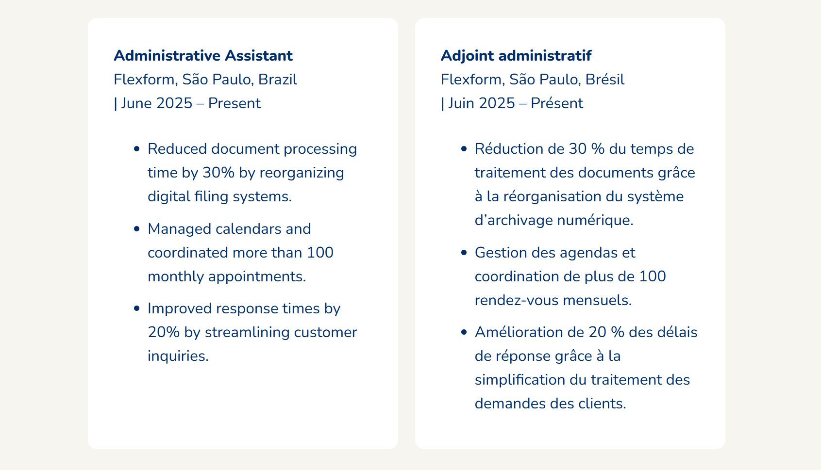 exemplo de experiência no curriculo canadense em inglês e francês