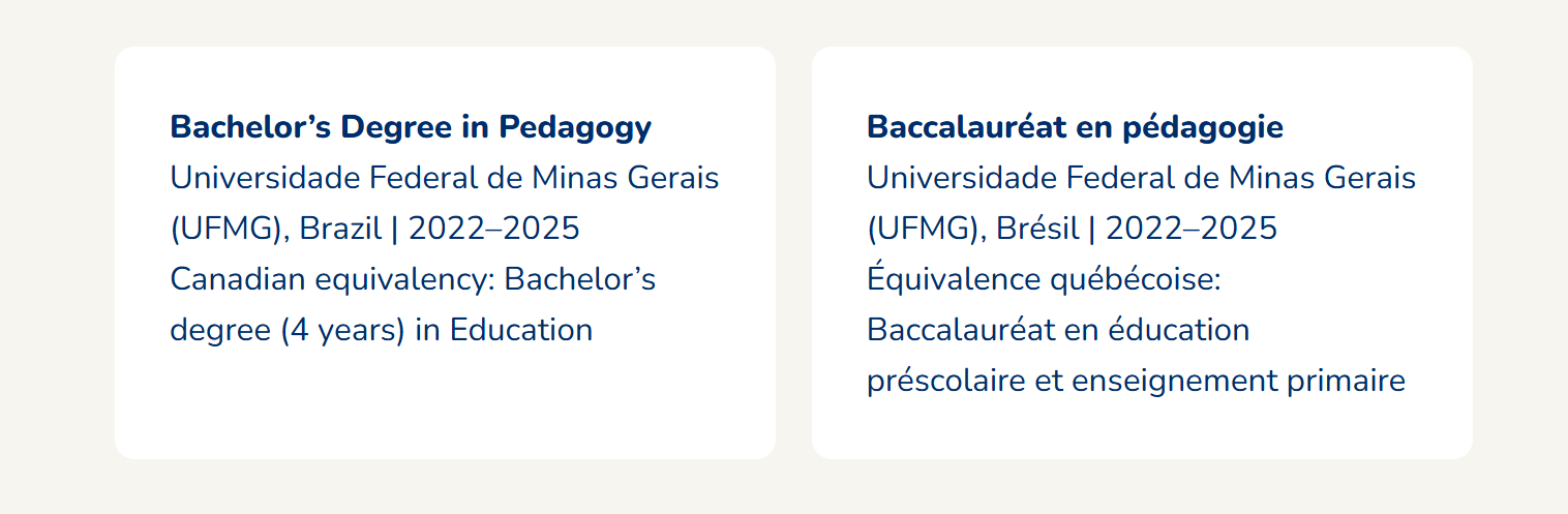exemplo de formação com equivalência no curriculo canadense em inglês e francês