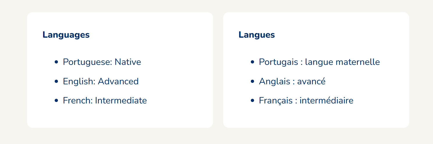 exemplo de idiomas no curriculo canadense em inglês e francês